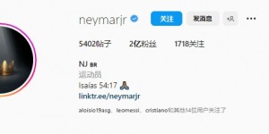 内马尔ins粉丝数达到2亿，足坛仅次梅西和C罗