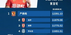 中超第30轮跑动榜：严鼎皓12391米居首，祖伊居次席