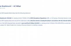 官方：因与博彩公司有经济利益，伊布被罚款5万欧&米兰被罚2.5万