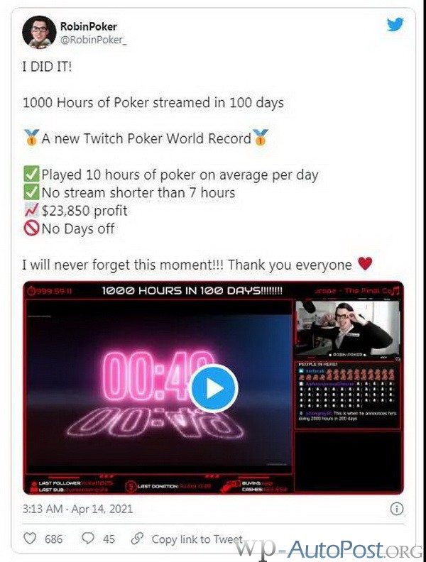 利物浦玩家100天内直播了1000小时的扑克，刷新了纪录