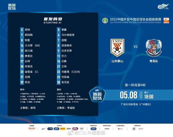 山东泰山vs青岛首发：费莱尼、孙准浩先发，蒿俊闵替补
