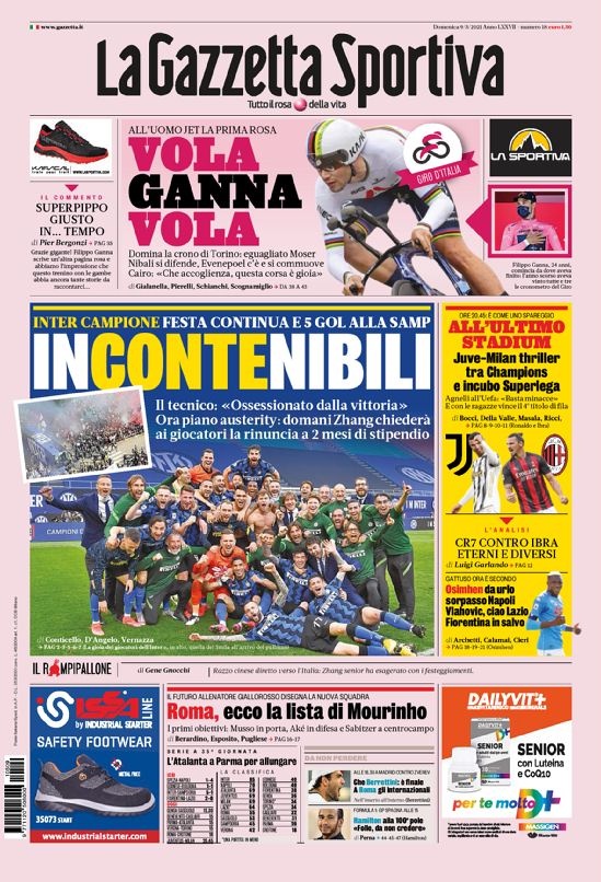 意甲今日头版：孔蒂对赢球上瘾 尤文米兰直接交锋