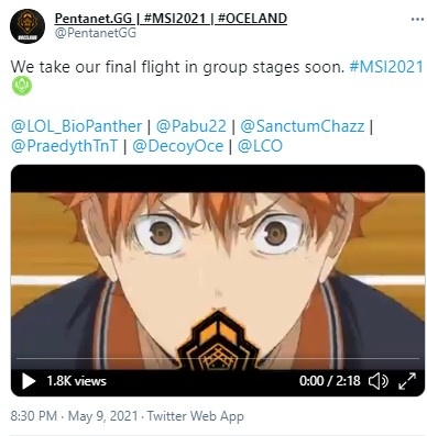 PGG官方发推整活:我们即将进行在MSI小组赛最后的飞行