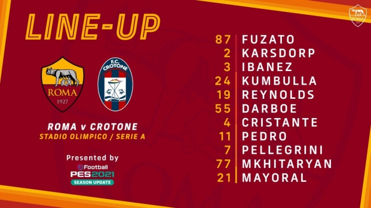 罗马vs克罗托内首发:姆希塔良、马约拉尔、佩德罗先发;哲科替补