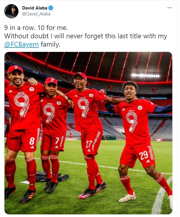 阿拉巴:9连冠 个人德甲10个冠军,永不忘记和拜仁的最后一冠