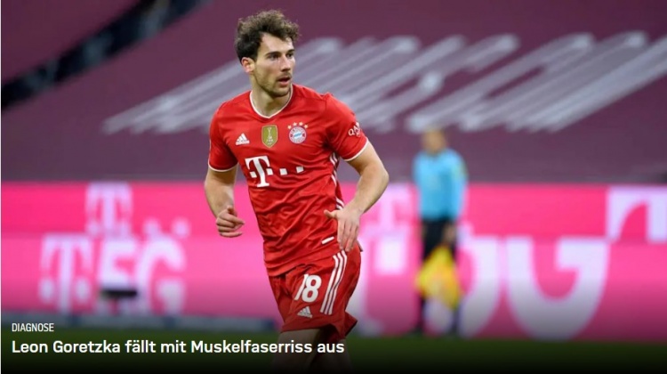 拜仁官方:格雷茨卡左大腿肌肉撕裂,将缺席本赛季剩余两场联赛