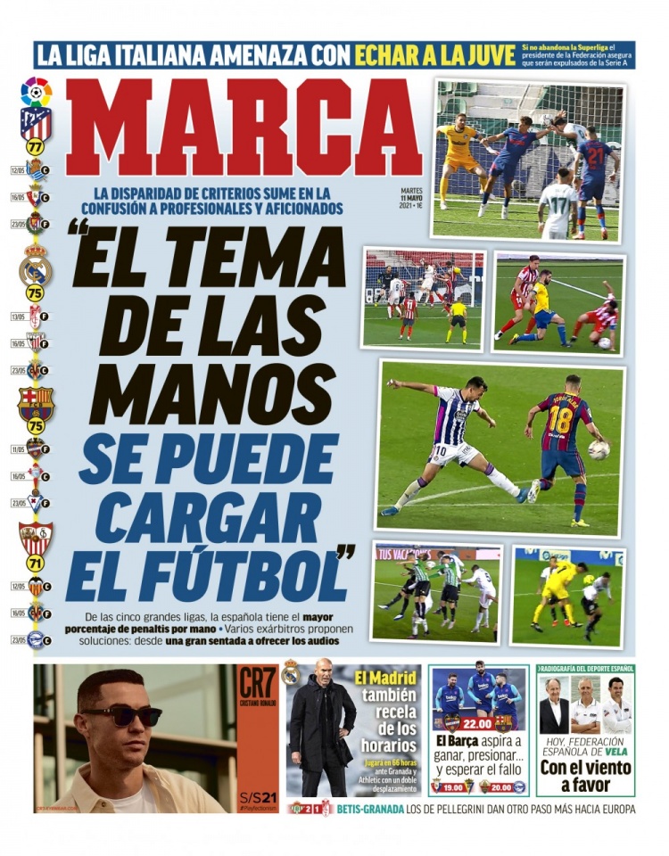 西甲今日头版:巴萨需要赢球来施压 手球争议在五大联赛都存在