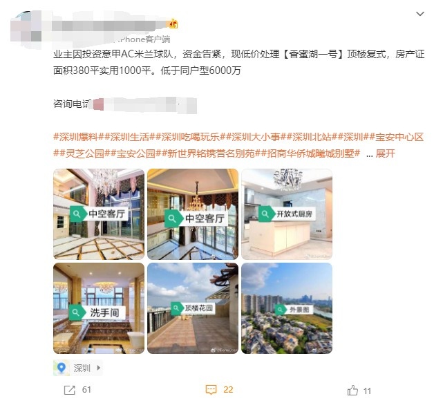 房产中介出售豪宅简介：业主因投资意甲AC米兰球队，资金告紧