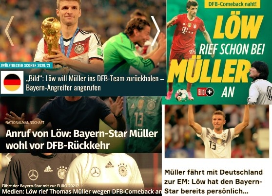 德甲今日头版：勒夫有意召回穆勒 曼联想在欧洲杯前敲定桑乔