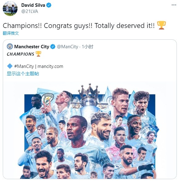 大卫-席尔瓦:祝贺曼城夺冠,你们绝对配得上这座奖杯