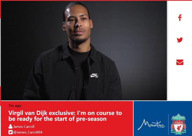 范迪克：我将不会参加今夏的欧洲杯，为新赛季季前赛做好准备