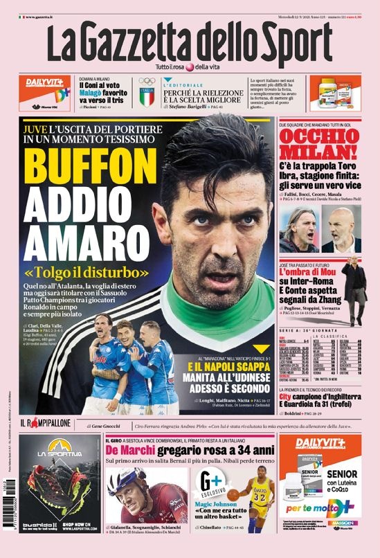 意甲今日头版：布冯苦涩的告别 张康阳接近出售国米