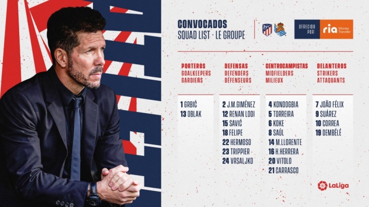 马竞战皇家社会大名单：苏亚雷斯领衔锋线，勒马尔因伤缺阵