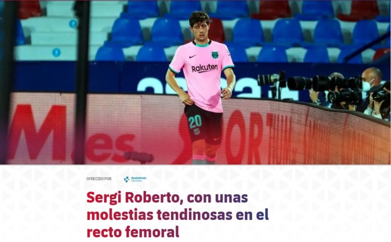 巴萨官方:罗贝托右大腿肌腱受伤