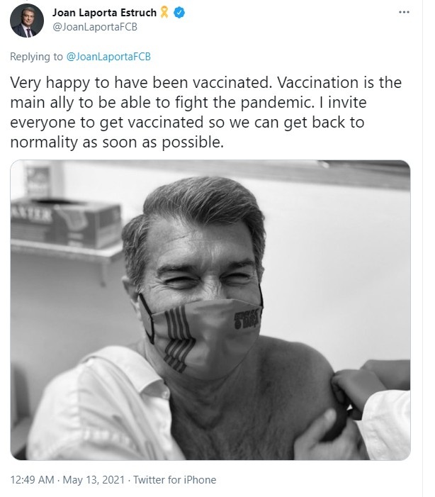 拉波尔塔社媒晒照：很高兴接种了疫苗，我呼吁大家都接种疫苗