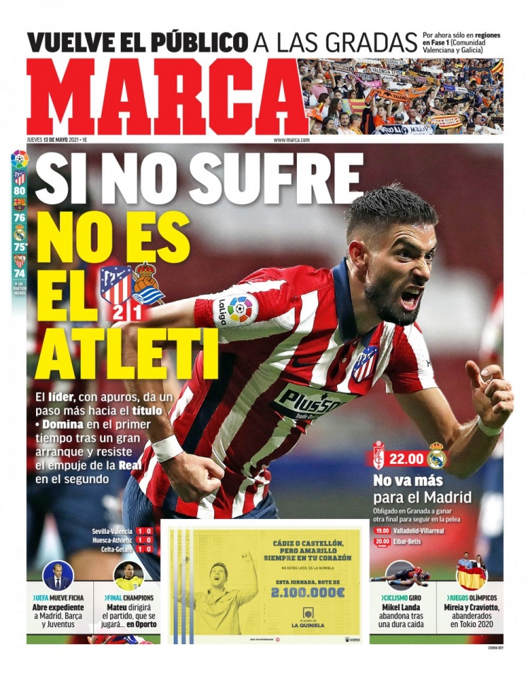 西甲今日头版:马竞距离联赛冠军还差2步 巴萨有信心免签阿圭罗