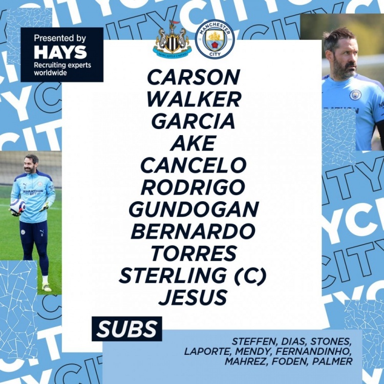 曼城vs纽卡斯尔首发:斯特林搭档热苏斯,京多安先发