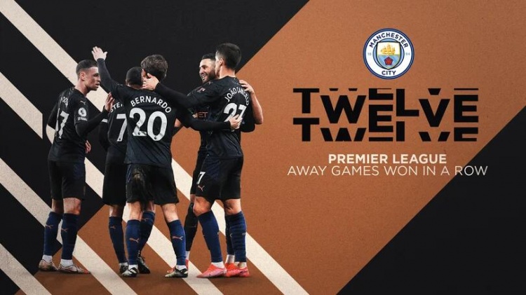 英超客场12连胜,曼城创英格兰前4级联赛纪录