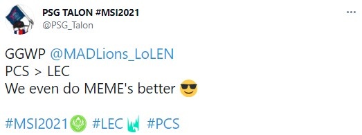 PSG击败MAD后官推整活:PCS > LEC 我们甚至做得更好!