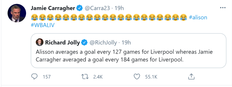 被记者调侃每为红军进一球比阿利森多用57场,卡拉格“笑哭”