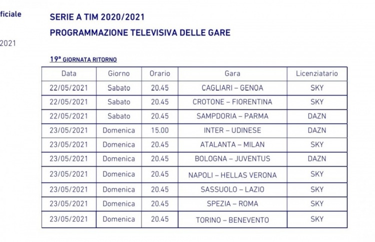 官方：意甲末轮赛程更新，争四大戏推迟至5月24日凌晨打响