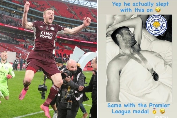 ?抱紧奖牌睡得更香!瓦尔迪睡觉也戴着足总杯冠军奖牌