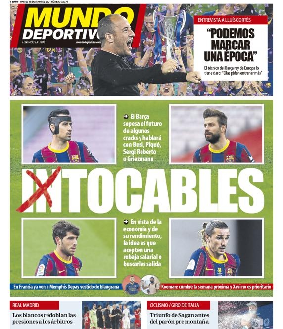 世体头版:巴萨要求皮克、罗贝托、布斯克茨和格子选择降薪或离队