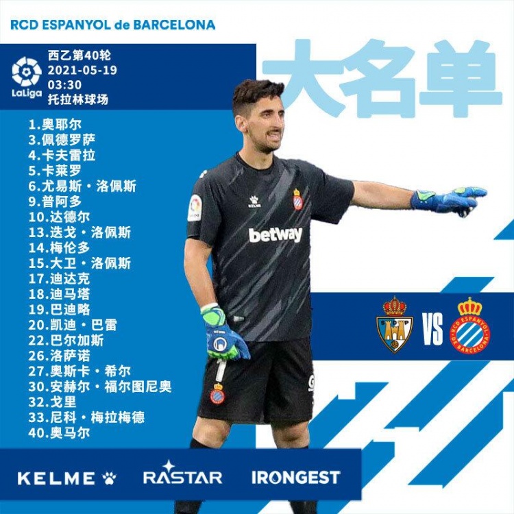 西班牙人对阵蓬费拉迪纳大名单：巴尔加斯、普阿多在列