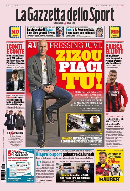 意甲今日头版：尤文向齐达内施压 曼奇尼续约到2026年