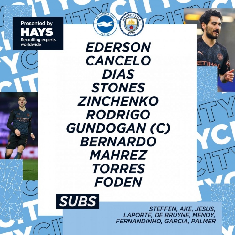 曼城vs布莱顿首发:福登、费兰、马赫雷斯先发出战,斯特林缺阵