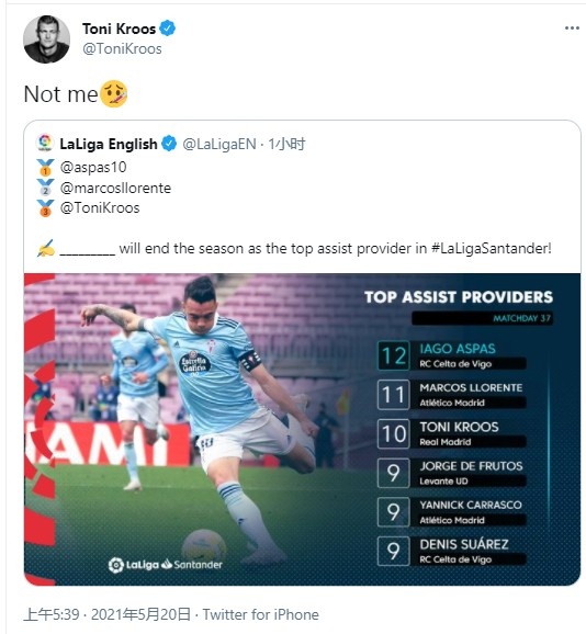 谁是本赛季西甲助攻王?克罗斯遗憾表示:不会是我