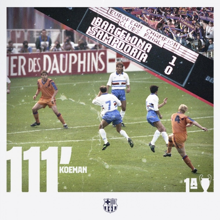 巴萨官方回顾1992年首夺欧冠冠军：科曼加时赛一脚定乾坤