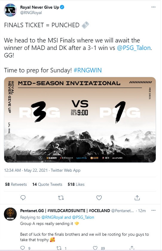 PGG官推庆祝RNG晋级:拿下那座奖杯吧!我们会为你加油的!