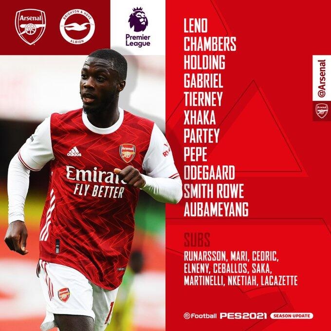 英超收官战-阿森纳vs布莱顿首发:奥巴梅扬、史密斯罗出战