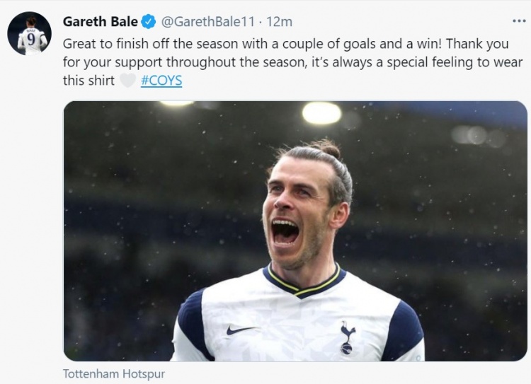 贝尔赛后发推：穿上热刺球衣总是一种特别的感觉