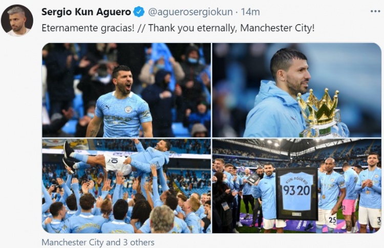 阿圭罗赛后发推:永远感激你,曼城!