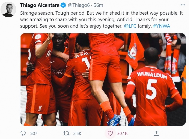 蒂亚戈：我们以最好的方式结束了本赛季，感谢球迷们的支持