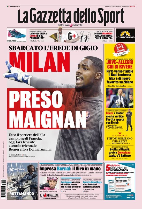 意甲今日头版：米兰拿下麦尼昂 孔塞桑要来那不勒斯