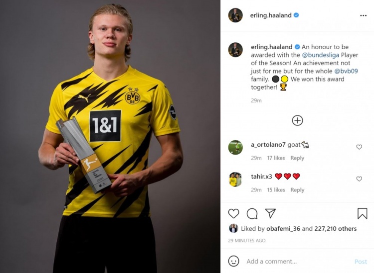 哈兰德:德甲赛季最佳球员的荣誉属于整个多特蒙德大家庭