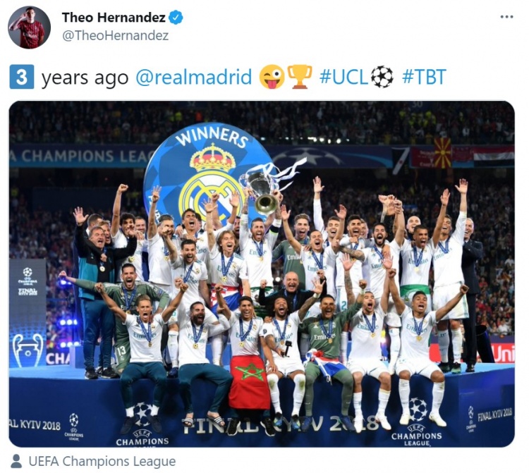 特奥晒三年前皇马夺欧冠照片，庆祝三周年纪念日