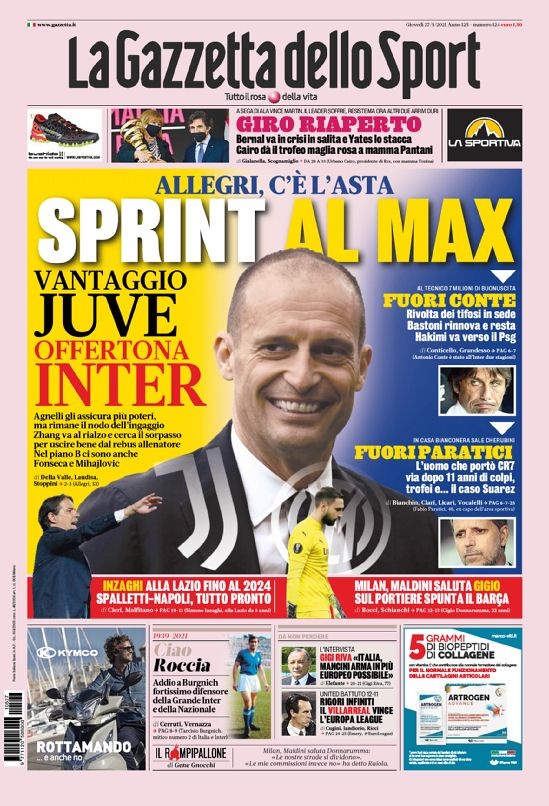 意甲今日头版：尤文&国米争夺囧叔 内拉抗议张康阳