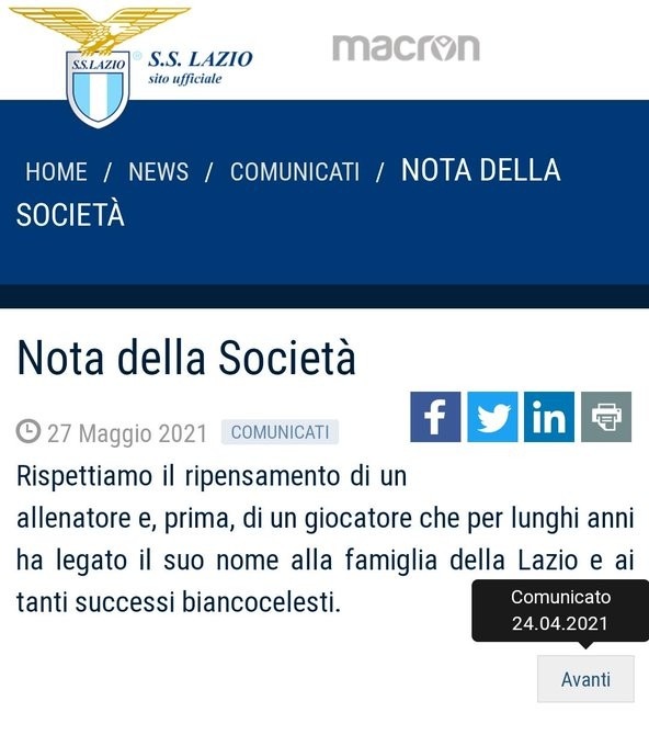 分手不愉快？在拉齐奥的官方通告中，没有提到小因扎吉的名字