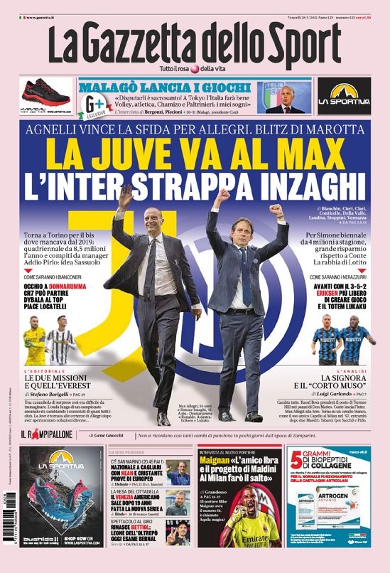 意甲今日头版：囧叔二进宫尤文 国米夺走因扎吉