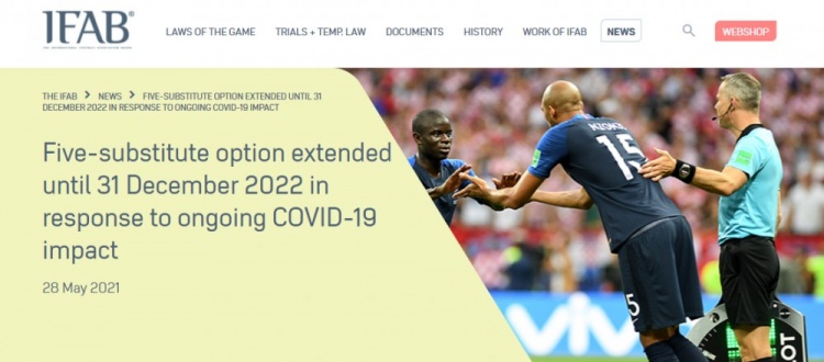 FIFA官方：单场5次换人规则沿用至2022年12月31日