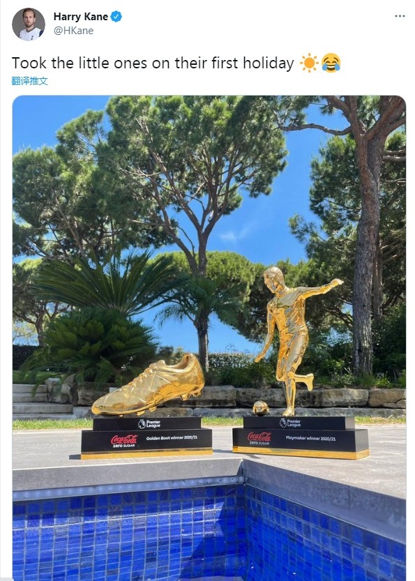 凯恩晒英超金靴&助攻王奖杯:2个小家伙,这是你们的首个假期