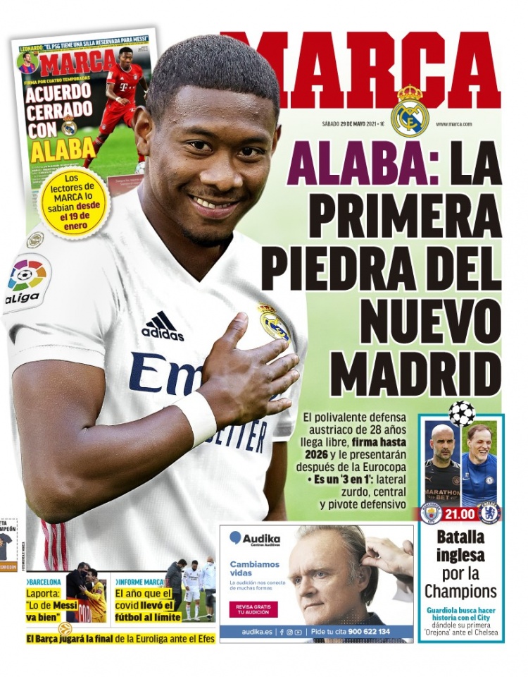 西甲今日头版：皇马与阿拉巴签约5年 梅西续约谈判进程顺利