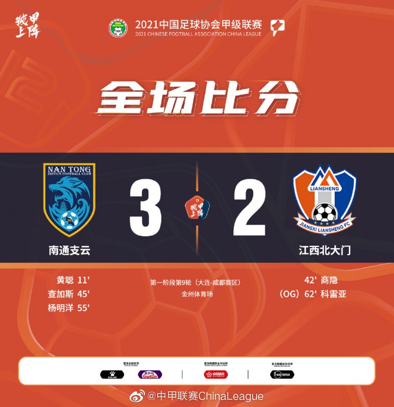 中甲-查加斯杨明洋破门科雷亚超级乌龙 南通支云3-2江西暂登顶