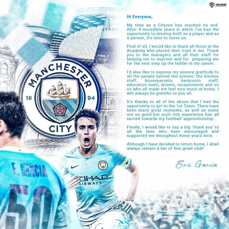 加西亚告别信:这4年我成长了很多 永远都会是曼城球迷