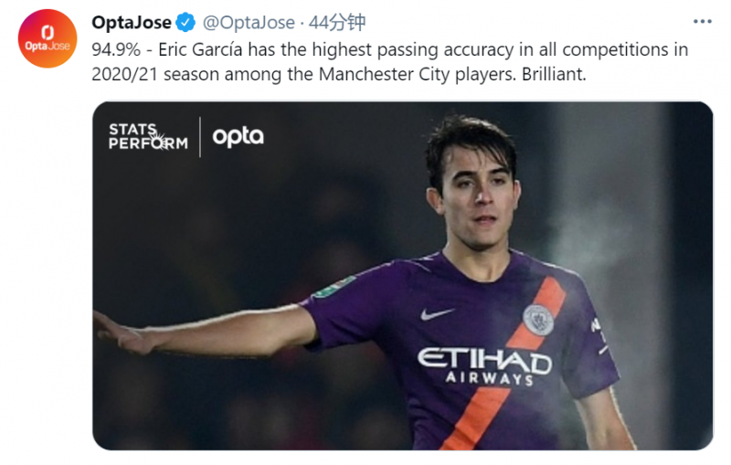 94.9%,加西亚是本赛季曼城阵中传球成功率最高的球员