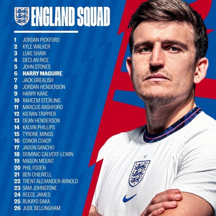 英格兰队号码：格拉利什7号、凯恩9号、斯特林10号、拉什福德11号